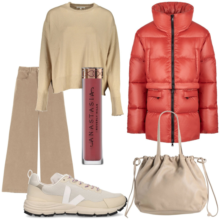 Outfit donna - Caldissimo. Stile Urban per Tutti i giorni. Abbinamento con borse a mano, rossetti, pantaloni, piumini, sneakers, maglieria.