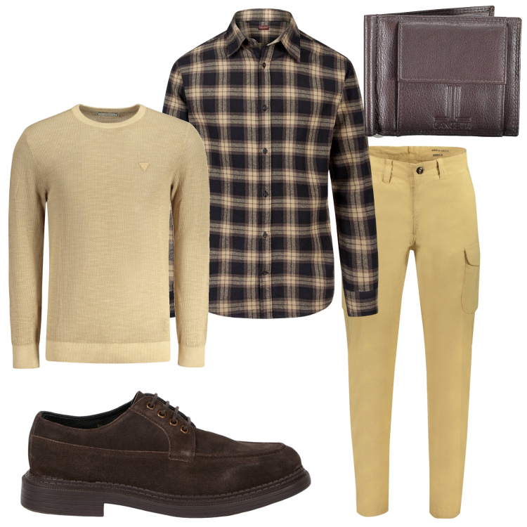 Outfit uomo - Serata con amici. Stile Casual per Serata speciale. Abbinamento con scarpe stringate, portafogli, camicie, pantaloni, maglieria.