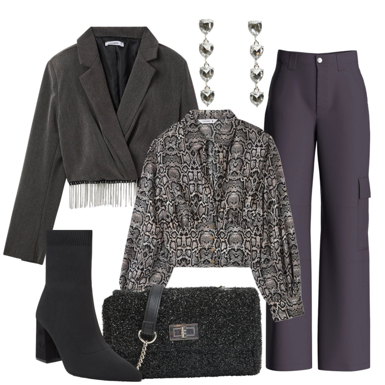 Outfit donna - Saldi special. Stile Casual chic per Tutti i giorni. Abbinamento con borse a tracolla, orecchini, bluse, pantaloni cargo, blazer, stivaletti.