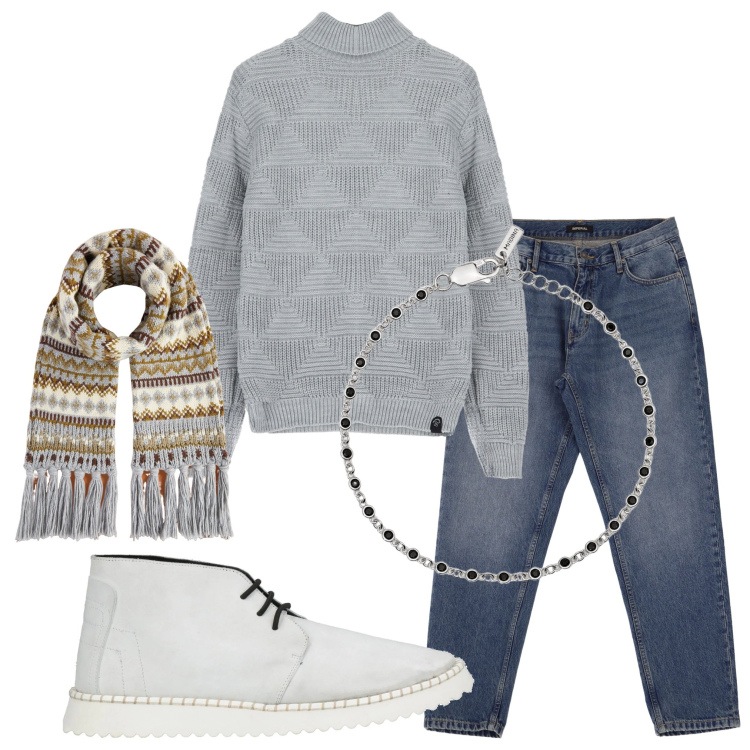 Outfit uomo - In ufficio. Stile Casual per Ufficio. Abbinamento con stivali e stivaletti, braccialetti, jeans, maglieria, sciarpe.