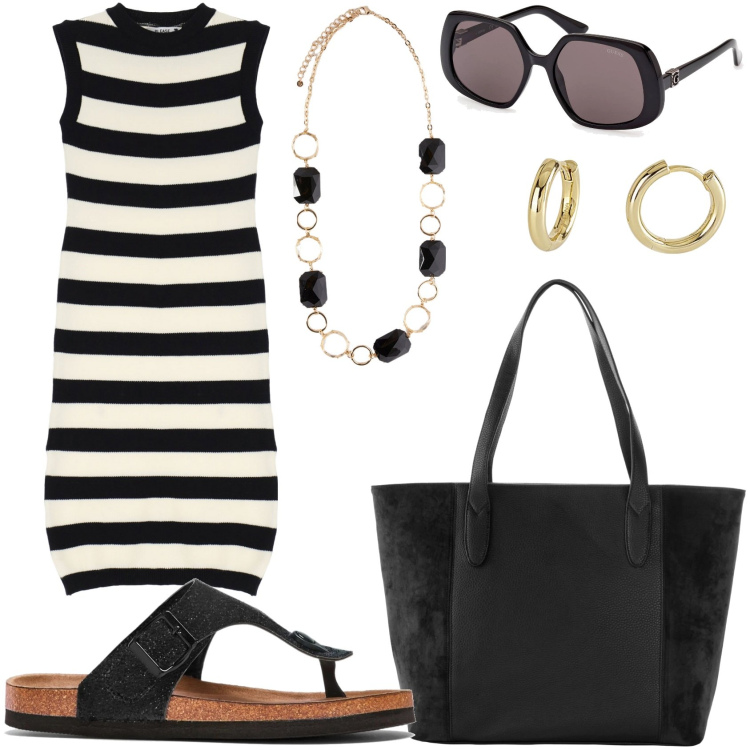 Outfit donna - Anche oggi libera e comoda. Stile Casual per Tutti i giorni. Abbinamento con shopping bag, infradito, orecchini, vestiti, collane, occhiali da sole.