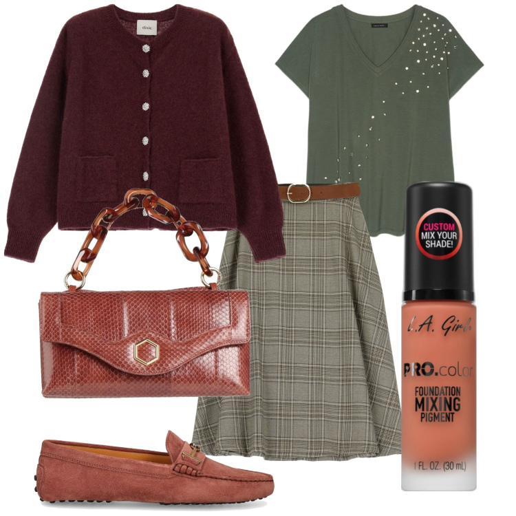 Outfit donna - "Primer" di tutto lo stile. Stile Trendy per Tutti i giorni. Abbinamento con borse a mano, primer, gonne, cardigans, t-shirt, mocassini.
