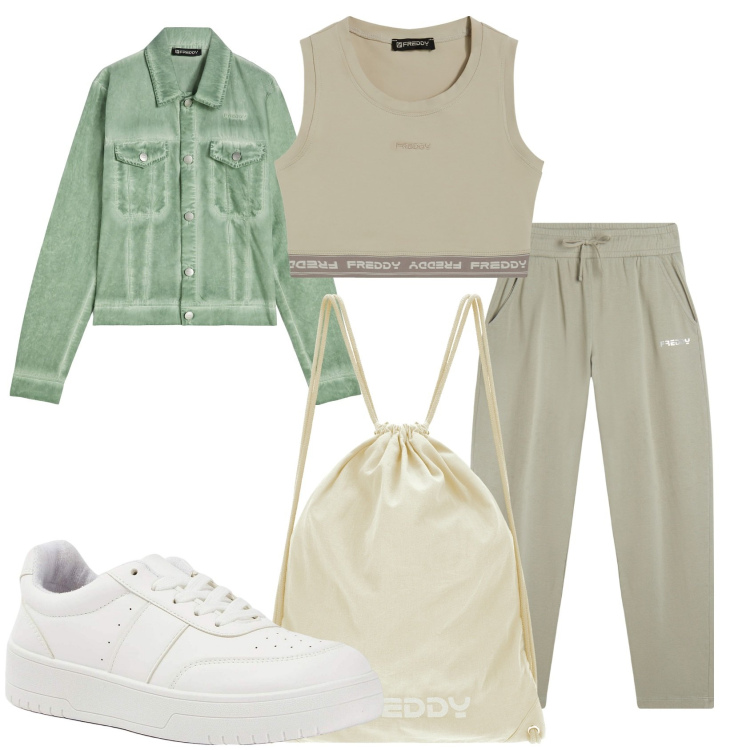 Outfit donna - Freddy per la città. Stile Sporty chic per Tutti i giorni. Abbinamento con sneakers, top sportivi, pantaloni, zaini, blazer.