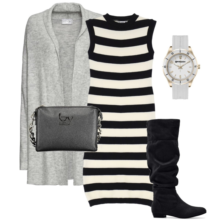 Outfit donna - L’abito a righe. Stile Preppy per Tutti i giorni. Abbinamento con stivali, cardigans, vestiti, orologi, borse a spalla.