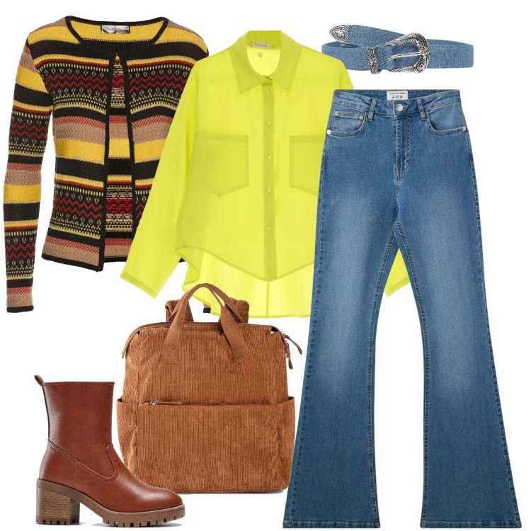 Outfit donna - Lo zaino in velluto. Stile Casual chic per Tutti i giorni. Abbinamento con stivaletti, cardigans, zaini, cinture, jeans a zampa, camicie.