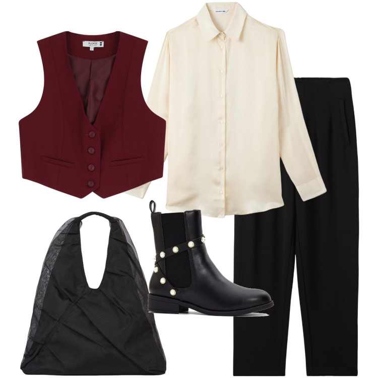 Outfit donna - Il gilet bordeaux. Stile Mannish per Ufficio. Abbinamento con stivaletti, camicie, pantaloni chino, gilet, shopping bag.