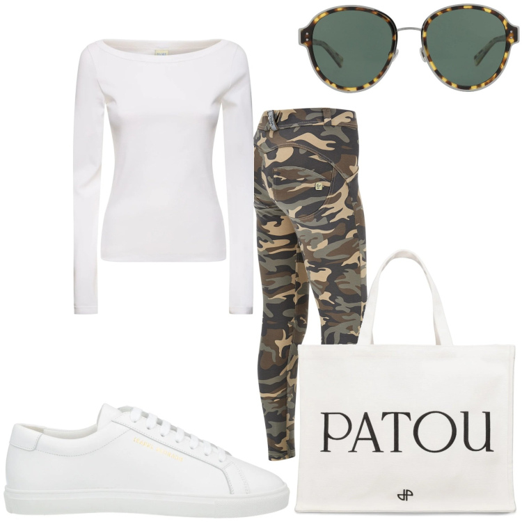 Outfit donna - Passeggiata in città. Stile Casual per Tutti i giorni. Abbinamento con occhiali da sole, sneakers, pantaloni skinny, shopping bag, t-shirt.
