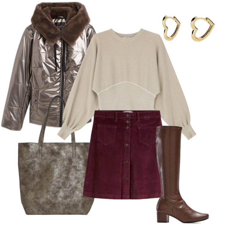 Outfit donna - La minigonna in velluto. Stile Casual chic per Tutti i giorni. Abbinamento con stivali, gonne, giacche, borse tote, orecchini, maglieria.