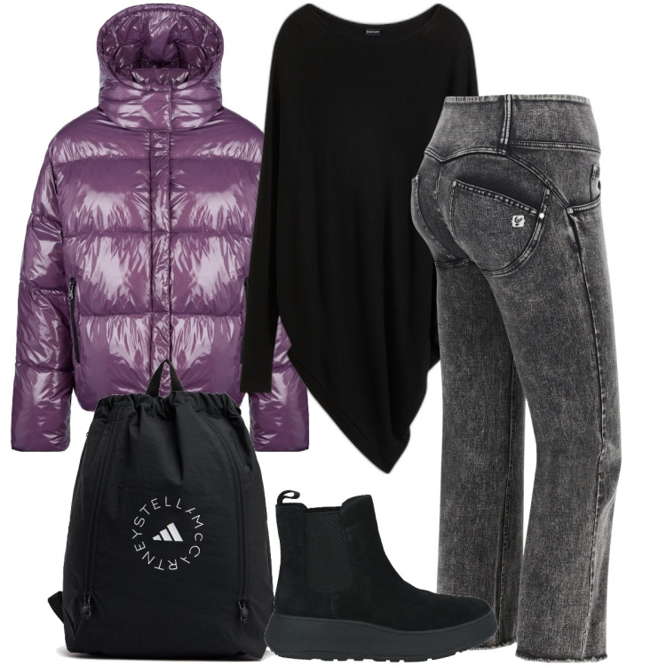 Outfit donna - Il piumino imbottito. Stile Sporty chic per Tutti i giorni. Abbinamento con maglieria, stivaletti chelsea, jeans a zampa, blazer, zaini.