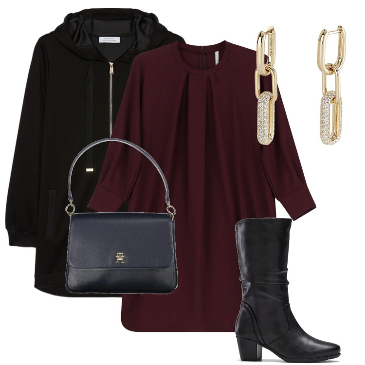 Outfit donna - Semplicemente così. Stile Bon Ton per Serata fuori. Abbinamento con stivali, orecchini, vestiti corti, felpe con cappuccio, borse a spalla.