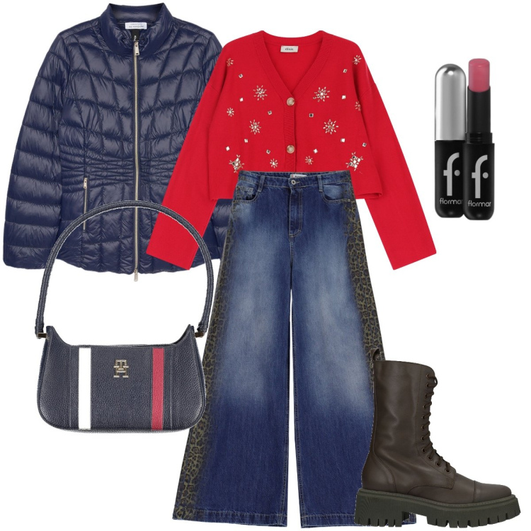 Outfit donna - Il cardigan con le stelline. Stile Trendy per Tutti i giorni. Abbinamento con stivaletti, rossetti, jeans, cardigans, piumini, borse a spalla.