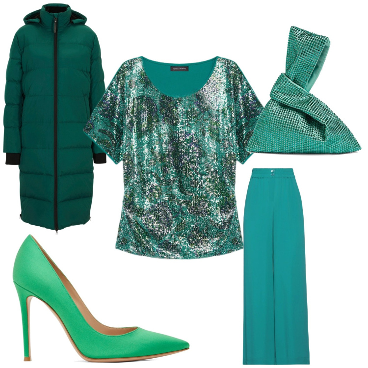 Outfit donna - Madrina. Stile Chic per Cerimonia. Abbinamento con piumini, pantaloni, t-shirt, borse a mano, décolleté.