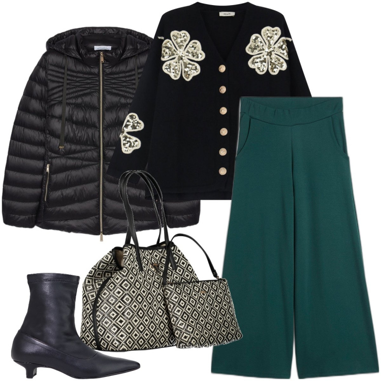 Outfit donna - Quadrifoglio con paillettes. Stile Bon Ton per Serata fuori. Abbinamento con pantaloni culotte, stivaletti, cardigans, piumini, borse a spalla.