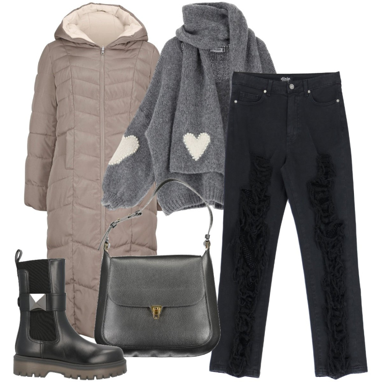 Outfit donna - La maglia con i cuori. Stile Trendy per Ufficio. Abbinamento con blazer, stivaletti chelsea, maglieria, jeans strappati, borse a spalla.