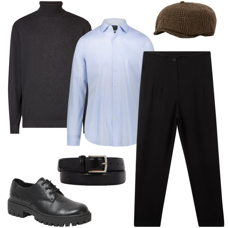 Outfit uomo - Sabato sera. Stile Business/Elegante per Serata speciale. Abbinamento con pantaloni chino, scarpe stringate, camicie, cappelli, maglieria, cinture.