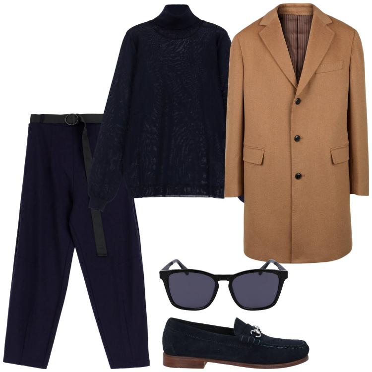 Outfit uomo - Brown and deep Blue. Stile Trendy per Tutti i giorni. Abbinamento con scarpe stringate, pantaloni, maglieria, cappotti, occhiali da sole.