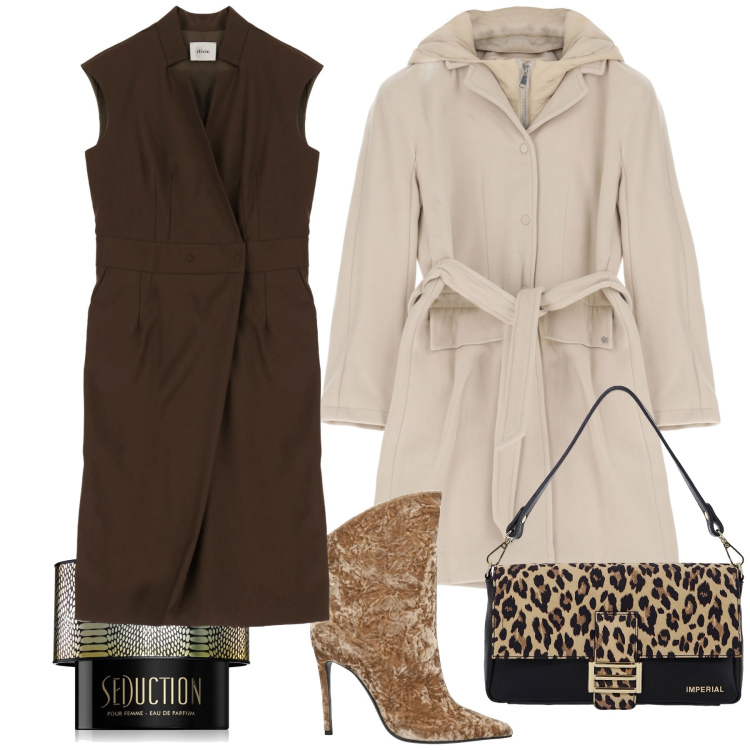 Outfit donna - Ritorno alle attività lavorative. Stile Chic per Ufficio. Abbinamento con stivaletti, profumi, cappotti, borse a spalla, vestiti senza maniche.