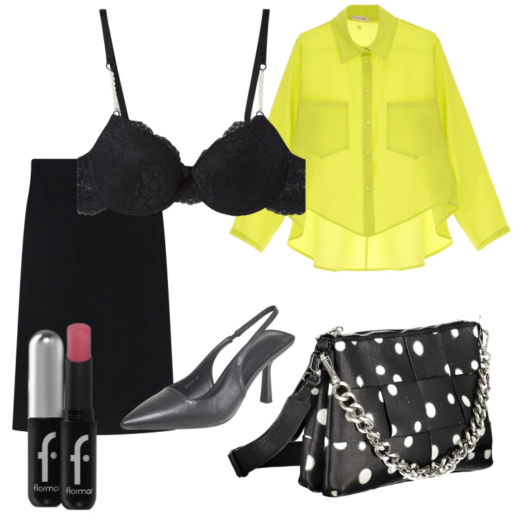 Outfit donna - Sexy ma misurata. Stile Glamour per Serata fuori. Abbinamento con rossetti, reggiseni a balconcino, décolleté, camicie, gonne longuette, borse a spalla.