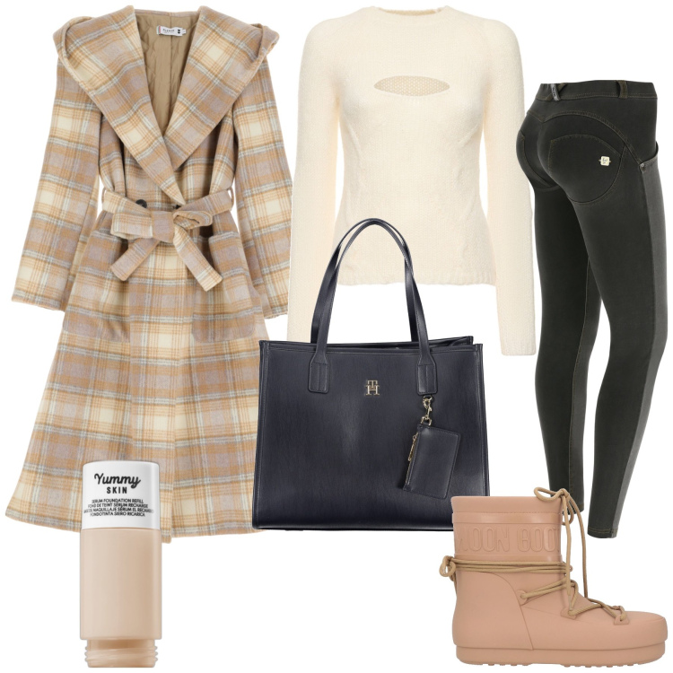 Outfit donna - Vai coi saldi. Stile Trendy per Tutti i giorni. Abbinamento con stivaletti, fondotinta, cappotti, pantaloni, maglieria, borse a spalla.