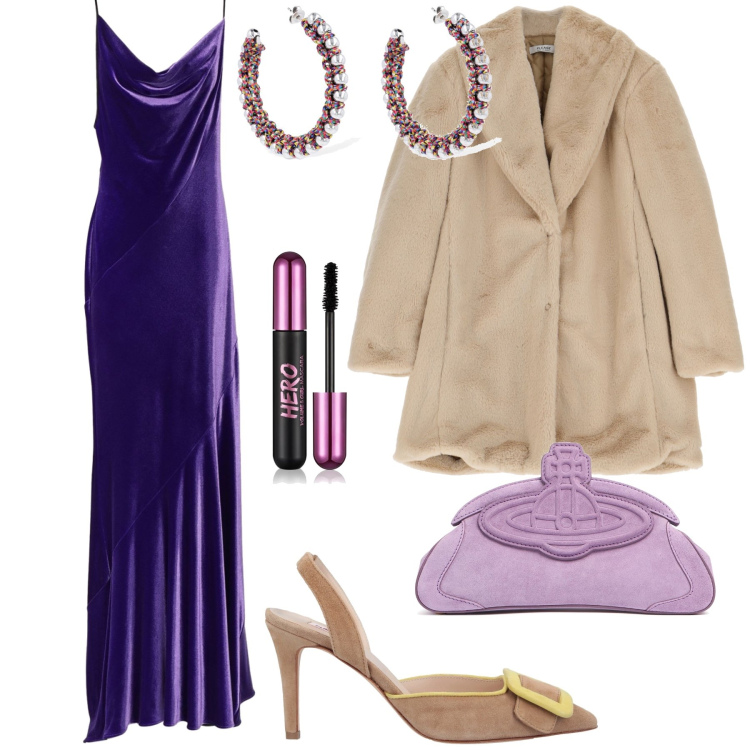 Outfit donna - Sconti per la serata. Stile Chic per Serata fuori. Abbinamento con décolleté, vestiti lunghi, mascara, cappotti, orecchini, pochette.