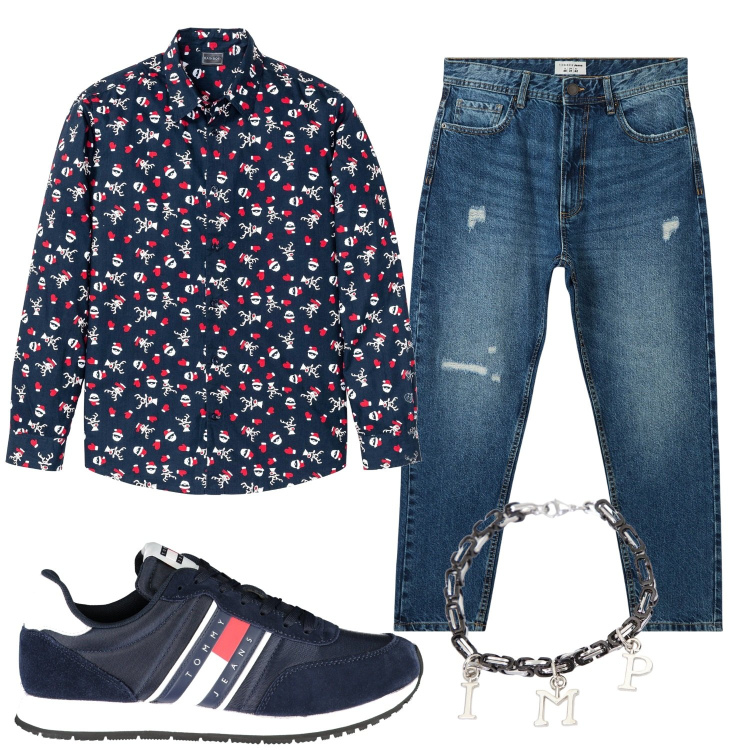 Outfit uomo - Total look #2031986. Stile Trendy per Ufficio. Abbinamento con camicie, jeans strappati, braccialetti, sneakers.
