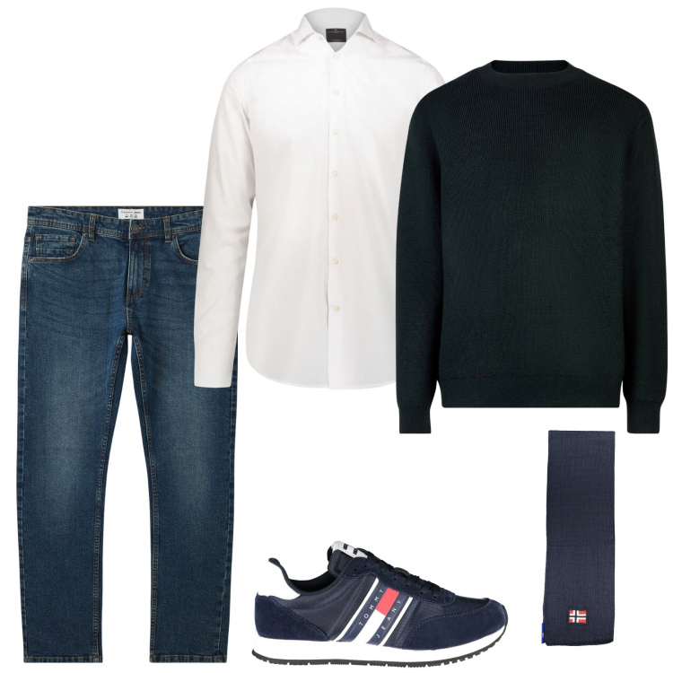 Outfit uomo - Semplice. Stile Casual per Tutti i giorni. Abbinamento con jeans, camicie, sciarpe, sneakers, maglieria.
