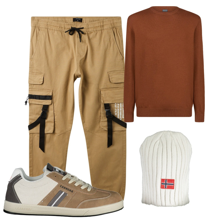 Outfit uomo - Total look #2031988. Stile Casual per Ufficio. Abbinamento con pantaloni cargo, maglieria, berretti, sneakers.