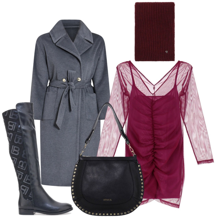 Outfit donna - Un nuovo anno, un nuovo stile. Stile Chic per Serata fuori. Abbinamento con cappotti, vestiti corti, borse a spalla, sciarpe, stivali sopra il ginocchio.