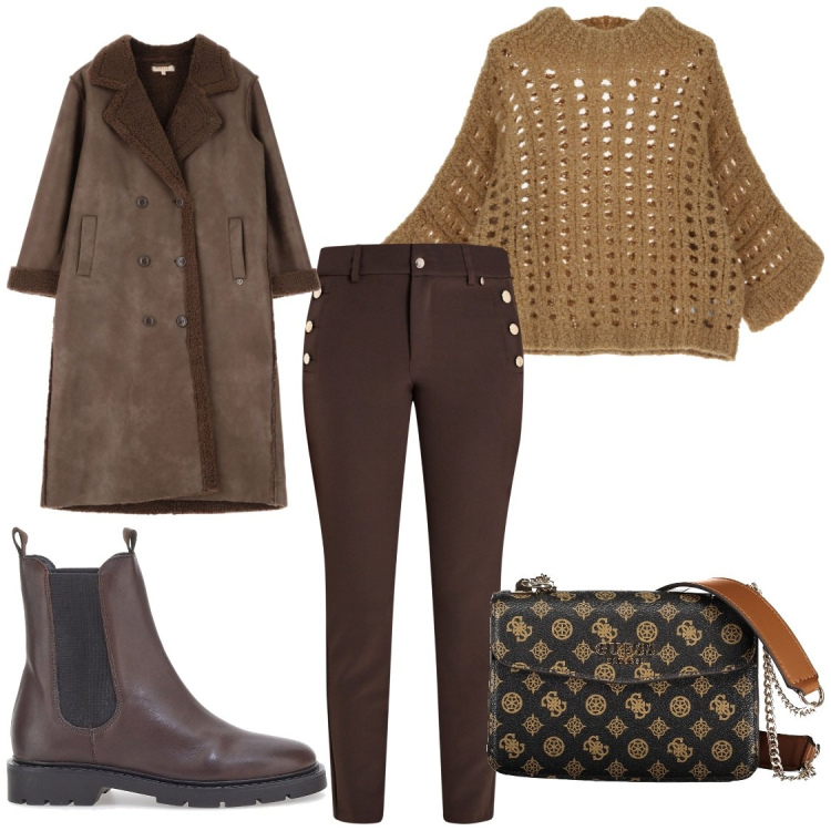 Outfit donna - Cappotto scamosciato. Stile Casual chic per Tutti i giorni. Abbinamento con cappotti, pantaloni skinny, pullovers, stivaletti chelsea, borse a spalla.