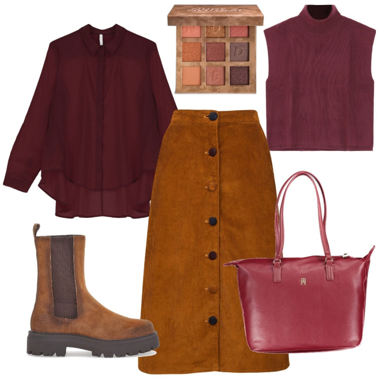 Outfit donna - Toni caldi e vibranti. Stile Casual per Tutti i giorni. Abbinamento con ombretti, camicie, maglieria, gonne longuette, stivaletti chelsea, borse a spalla.