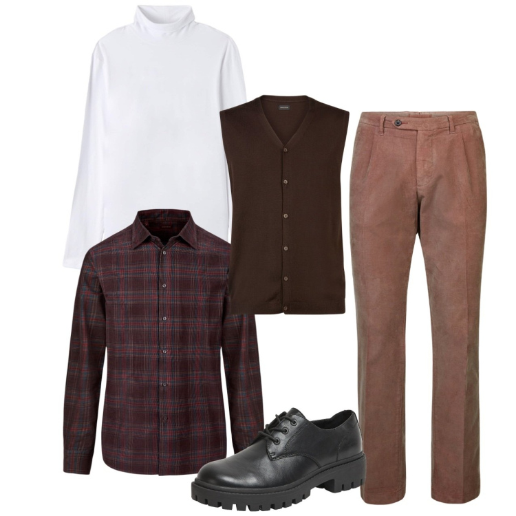 Outfit uomo - Il dolcevita bianco. Stile Casual per Tutti i giorni. Abbinamento con t-shirt, scarpe stringate, pantaloni, gilet, camicie.