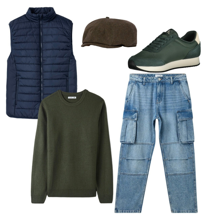 Outfit uomo - Pullover military. Stile Casual per Tutti i giorni. Abbinamento con gilet, maglieria, jeans, cappelli e berretti, sneakers.
