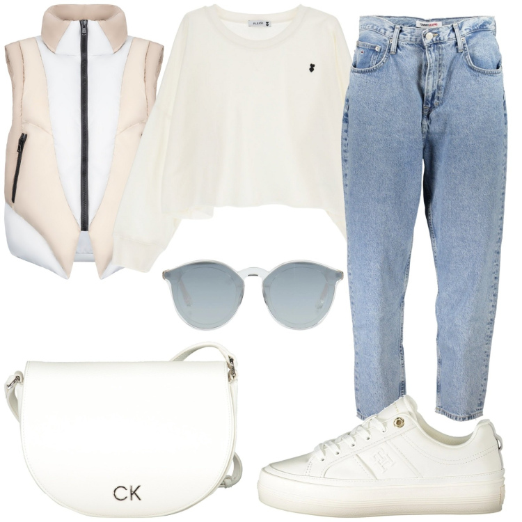 Outfit donna - Total look #2032068. Stile Casual per Tutti i giorni. Abbinamento con occhiali da sole, felpe, piumini, sneakers, borse a tracolla, jeans mom.