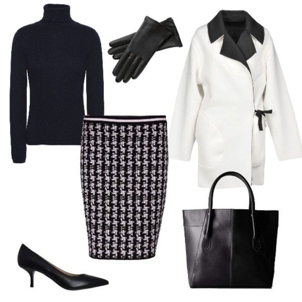 Outfit donna - Bon Ton #13918. Stile Bon Ton per Ufficio. Abbinamento con soprabito fantasia collo con revers a maniche lunghe interno sfoderato monopetto, vestito sport viola, shopping bag in pelle, maglioncino made italy collo a dolcevita in in maglia, décolleté, guanti nero.