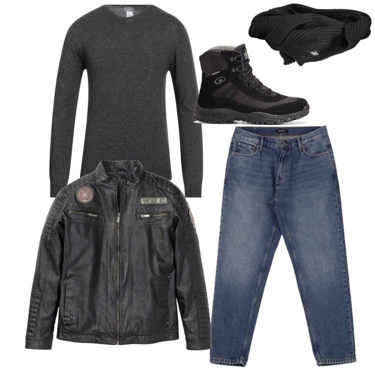 Outfit uomo - Il biker rock. Stile Biker Rock per Serata speciale. Abbinamento con giacche, stivali e stivaletti, pullovers, jeans, sciarpe.