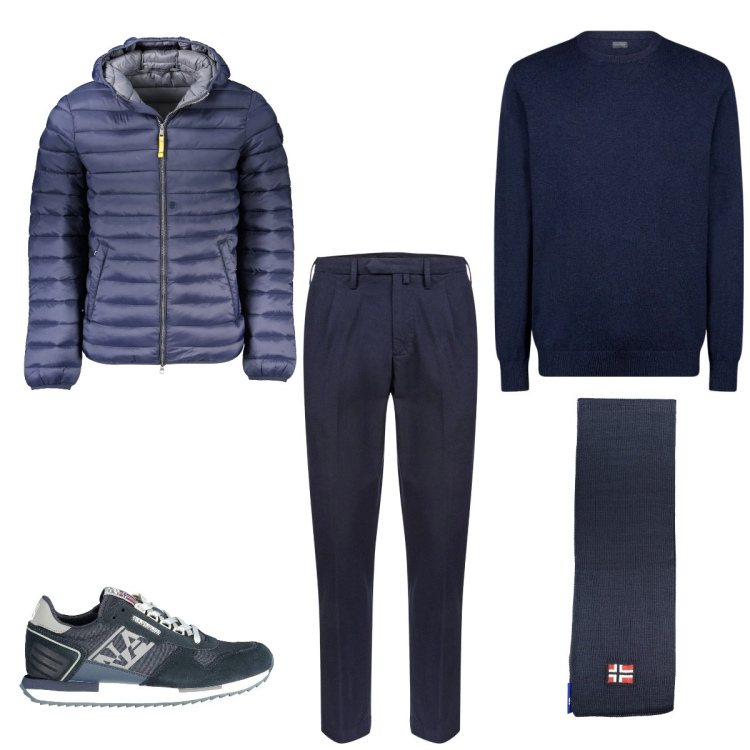 Outfit uomo - Blu relax. Stile Casual per Tutti i giorni. Abbinamento con maglieria, pantaloni, giacche, sciarpe, sneakers.
