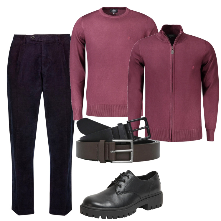 Outfit uomo - Burgundy ton sur ton. Stile Casual per Tutti i giorni. Abbinamento con scarpe stringate, cinture, pantaloni, maglieria, cardigans.