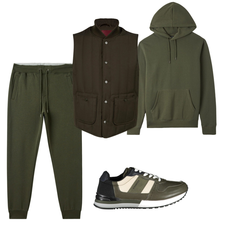 Outfit uomo - Green january. Stile Urban per Tutti i giorni. Abbinamento con felpe con cappuccio, pantaloni, piumini, sneakers.
