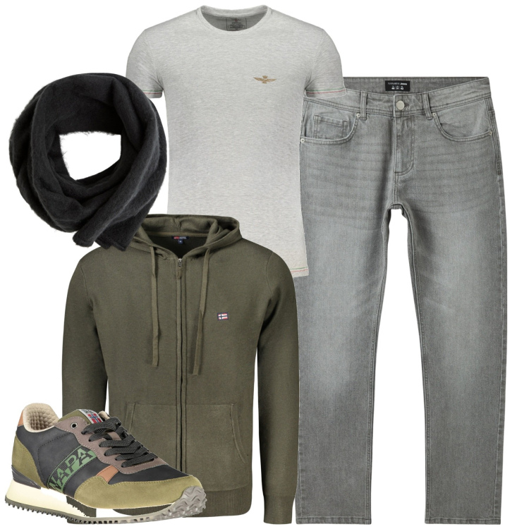 Outfit uomo - City. Stile Casual per Tutti i giorni. Abbinamento con sciarpe e foulard, jeans, sneakers, t-shirt, cardigans.