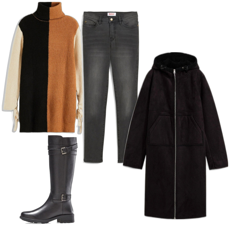 Outfit donna - Tendenze in denim. Stile Preppy per Tutti i giorni. Abbinamento con stivali, jeans slim fit, cappotti, maglieria.
