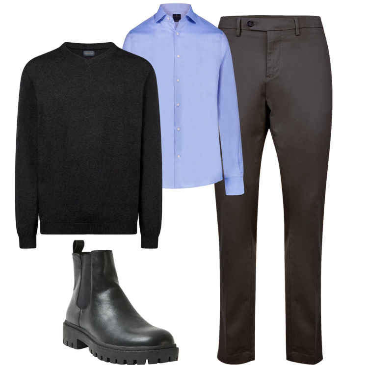 Outfit uomo - City. Stile Urban per Tutti i giorni. Abbinamento con stivali e stivaletti, camicie, maglieria, pantaloni chino.