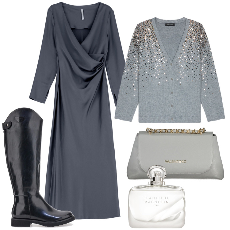 Outfit donna - Chic con il wrap dress. Stile Chic per Tutti i giorni. Abbinamento con profumi, vestiti, stivali, cardigans, borse a tracolla.