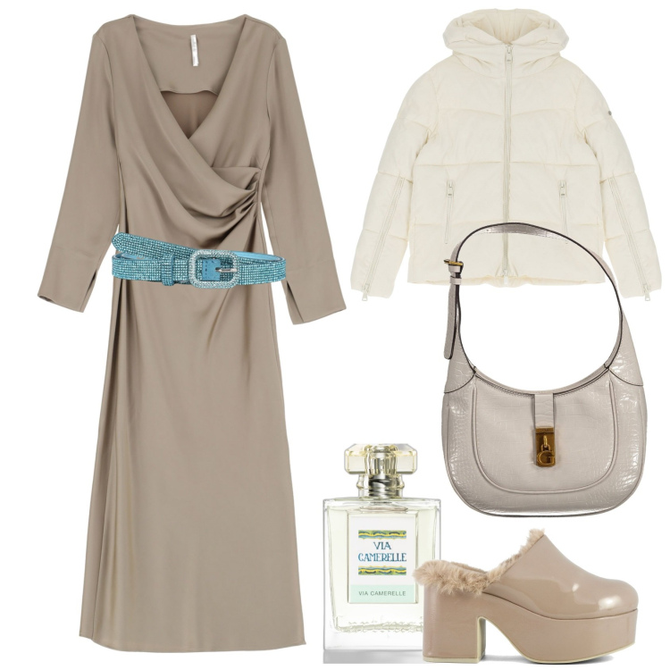 Outfit donna - La cintura turchese. Stile Glamour per Tutti i giorni. Abbinamento con profumi, cinture, piumini, vestiti, sabot, borse a spalla.