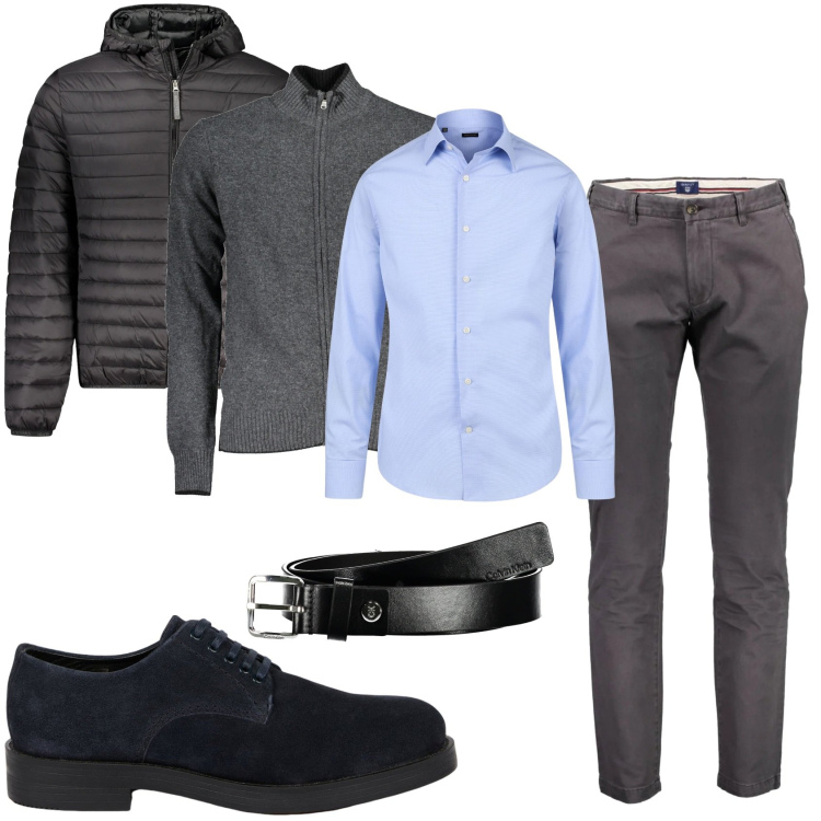 Outfit uomo - Cardigan e camicia e pantaloni. Stile Trendy per Tutti i giorni. Abbinamento con camicie, pantaloni, cinture, giacche, cardigans, scarpe stringate.