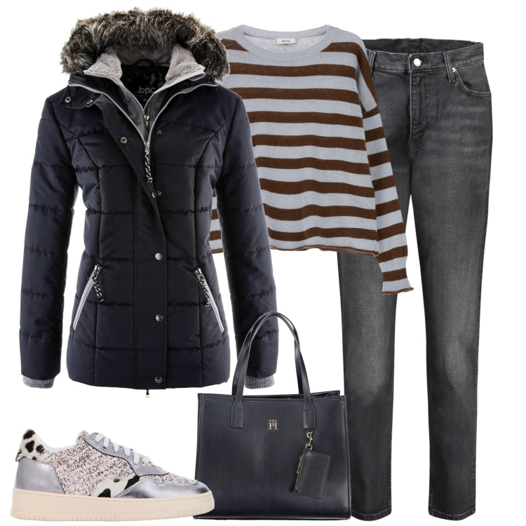 Outfit donna - City. Stile Urban per Tutti i giorni. Abbinamento con piumini, sneakers, maglieria, jeans mom, borse a spalla.