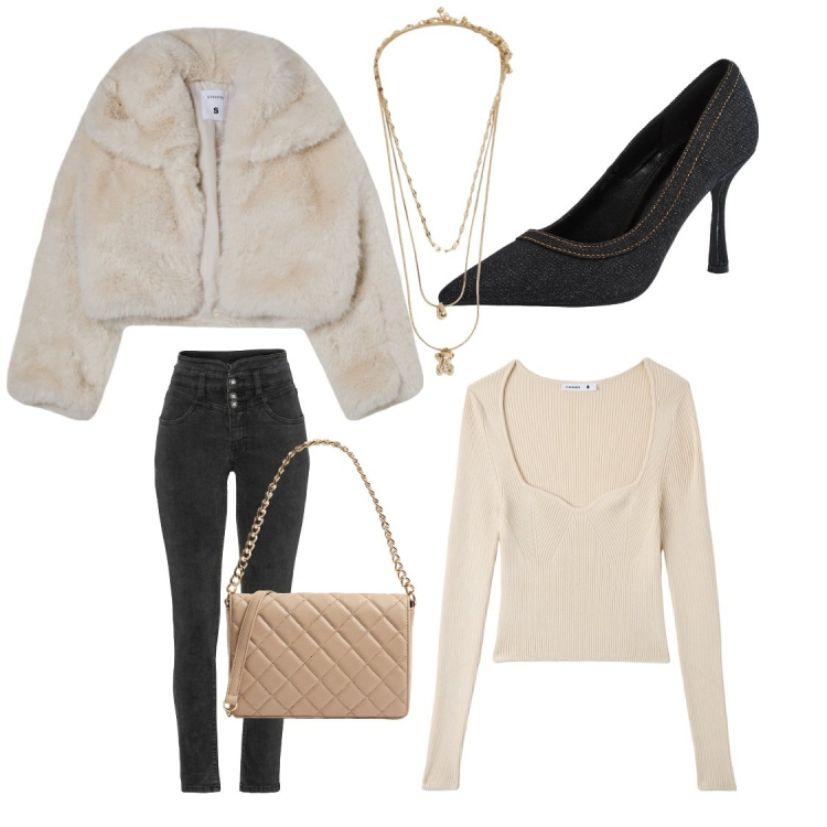 Outfit donna - Décolleté e jeans. Stile Sexy per Serata fuori. Abbinamento con jeans skinny, blazer, maglieria, décolleté, ciondoli, borse a tracolla.