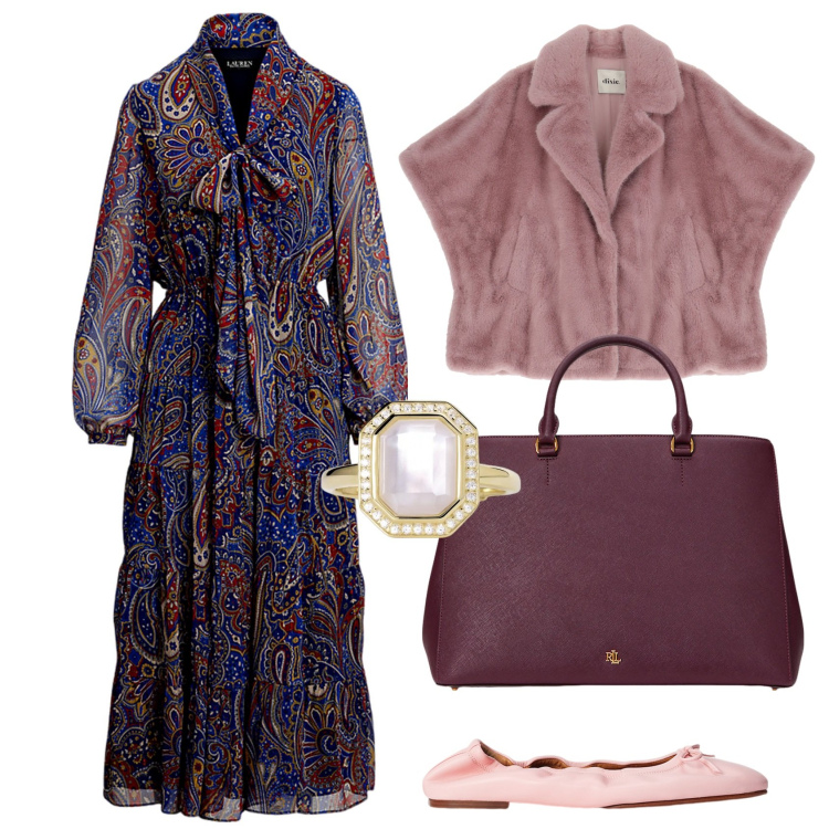 Outfit donna - Chic con il vestito paisley. Stile Chic per Tutti i giorni. Abbinamento con anelli, blazer, borse a mano, vestiti, ballerine.