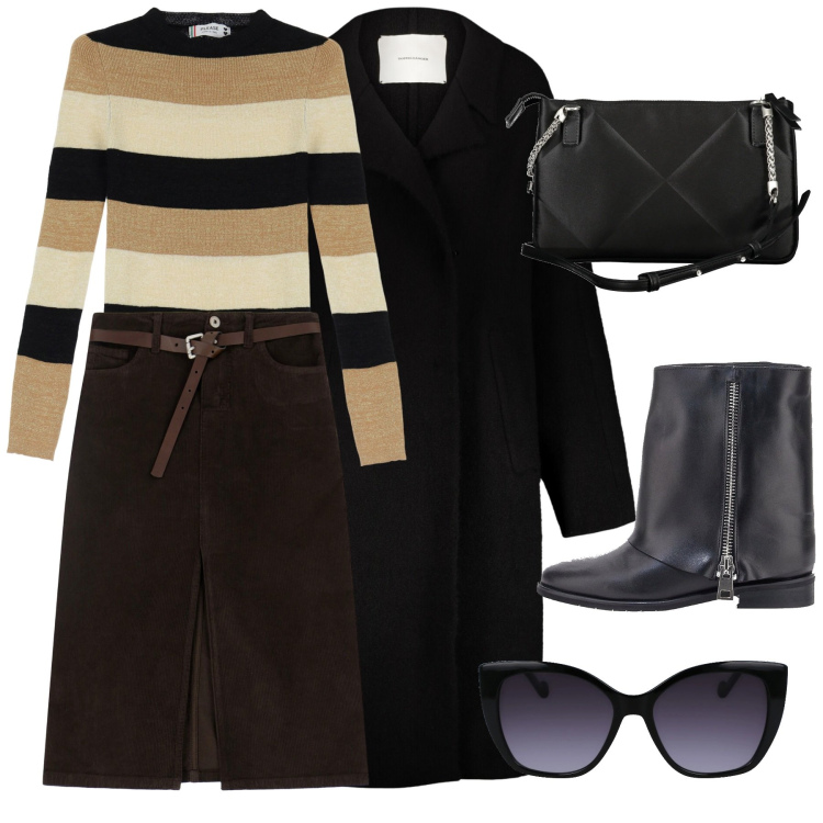 Outfit donna - Tonalità calde. Stile Trendy per Tutti i giorni. Abbinamento con pullovers, gonne, stivaletti, cappotti, borse a tracolla, occhiali da sole.