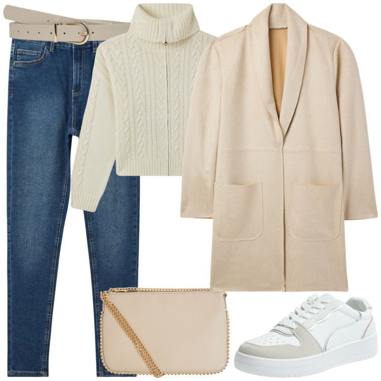 Outfit donna - Saldi invernali. Stile Casual per Tutti i giorni. Abbinamento con cardigans, sneakers, trench, jeans skinny, cinture, borse a tracolla.