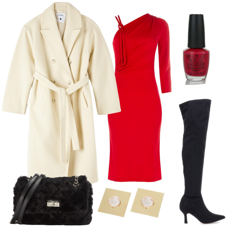 Outfit donna - Un nuovo anno, un nuovo stile. Stile Chic per Serata fuori. Abbinamento con smalti, borse a spalla, cappotti, vestiti asimmetrici, orecchini, stivali sopra il ginocchio.